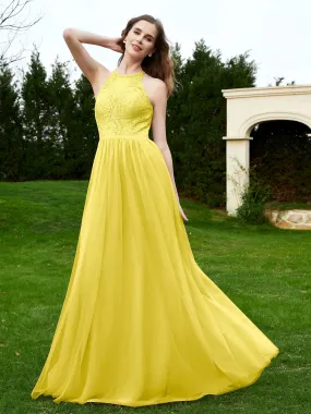 Lace Tulle Bridesmaid Gown Halter Neckline Lemon