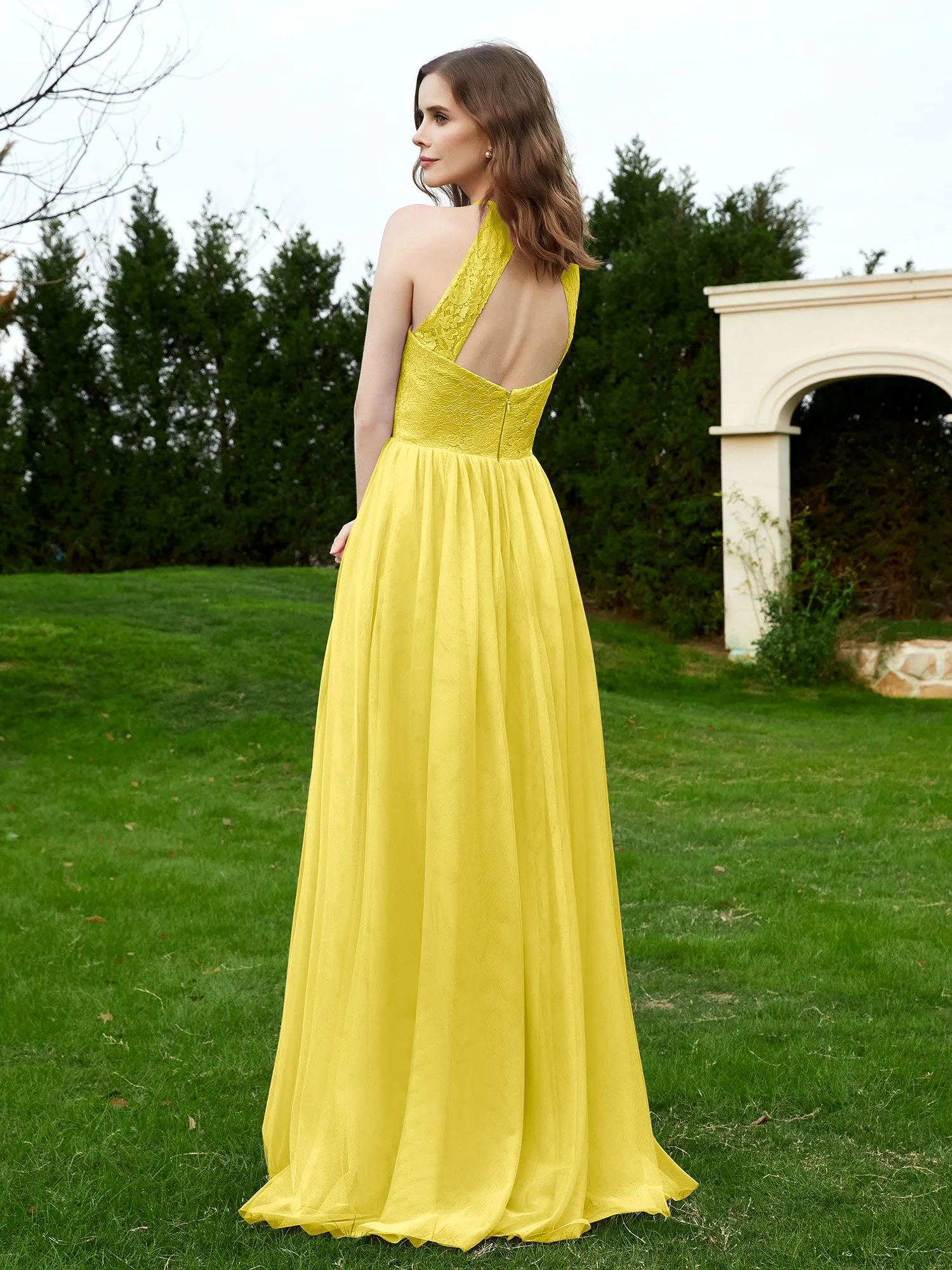 Lace Tulle Bridesmaid Gown Halter Neckline Lemon