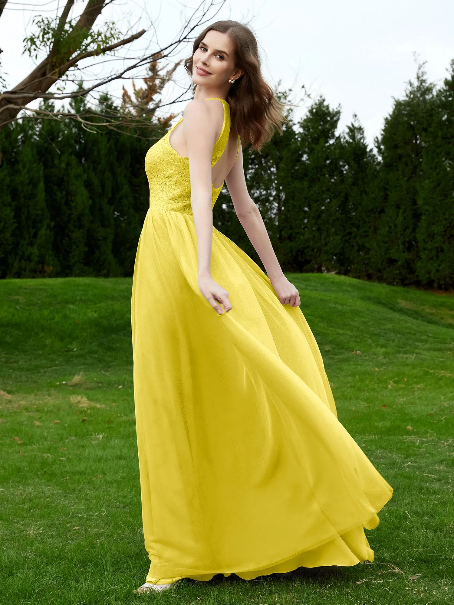 Lace Tulle Bridesmaid Gown Halter Neckline Lemon