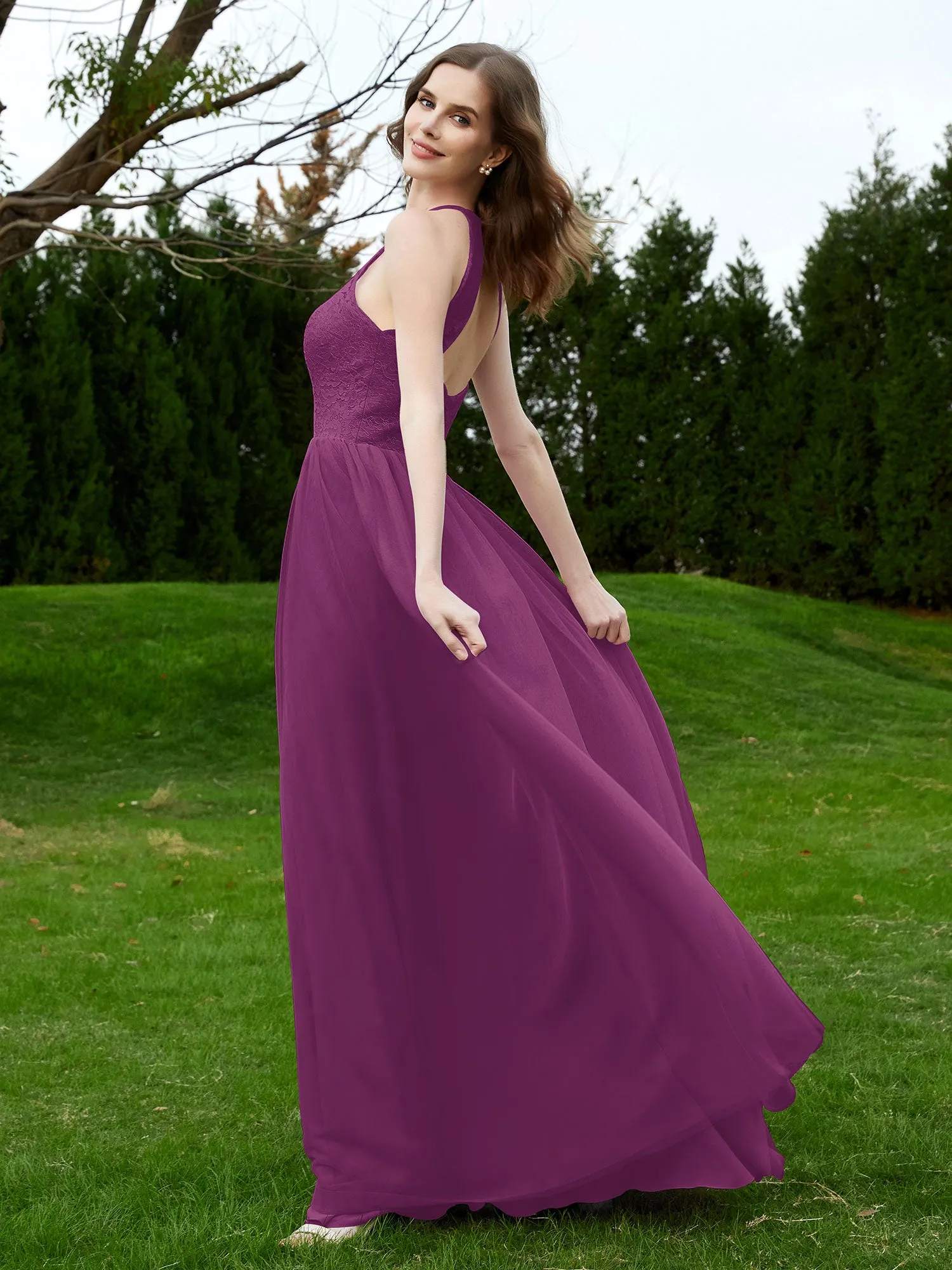 Lace Tulle Bridesmaid Gown Halter Neckline Orchid