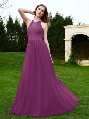 Lace Tulle Bridesmaid Gown Halter Neckline Orchid