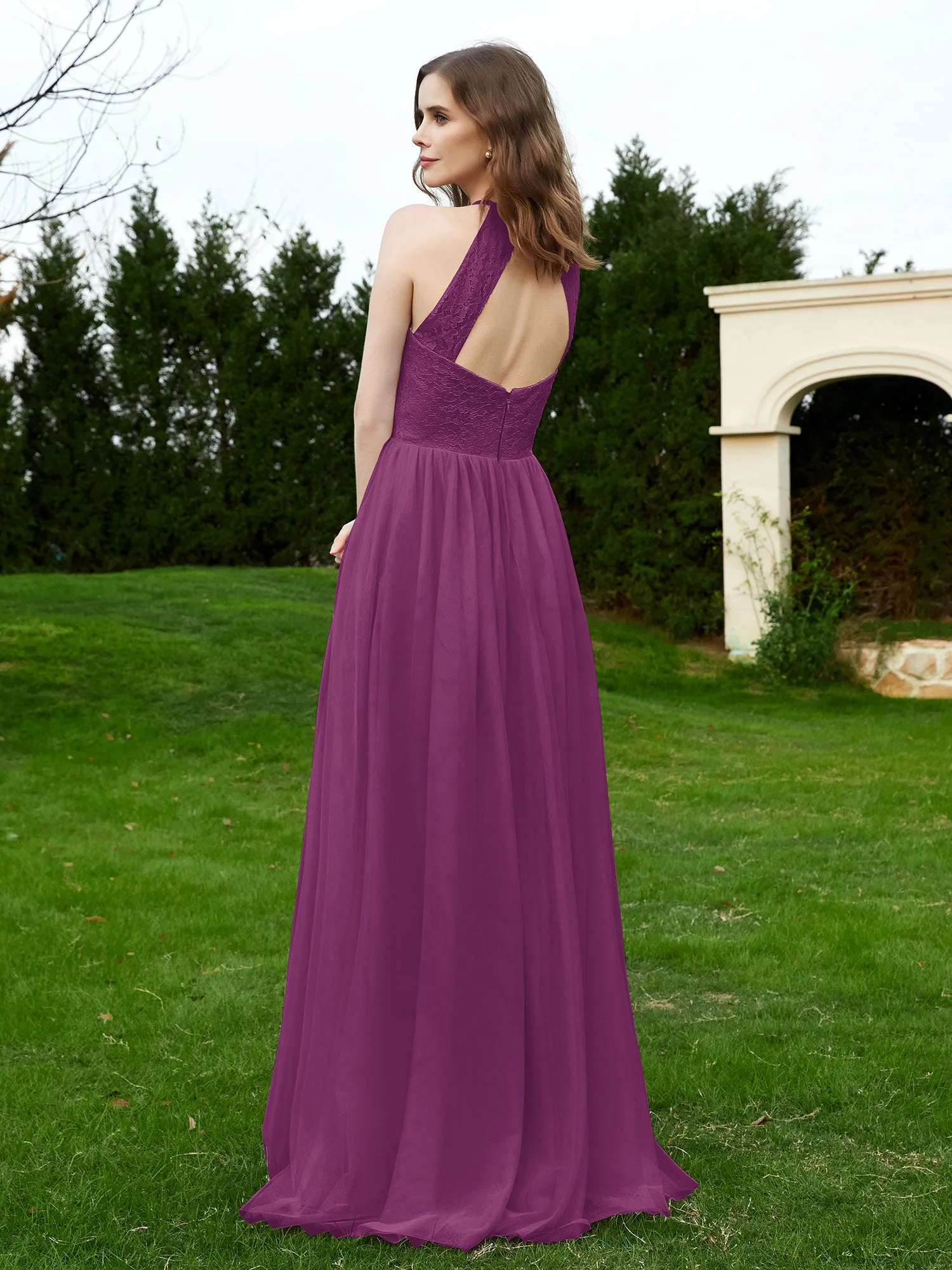 Lace Tulle Bridesmaid Gown Halter Neckline Orchid