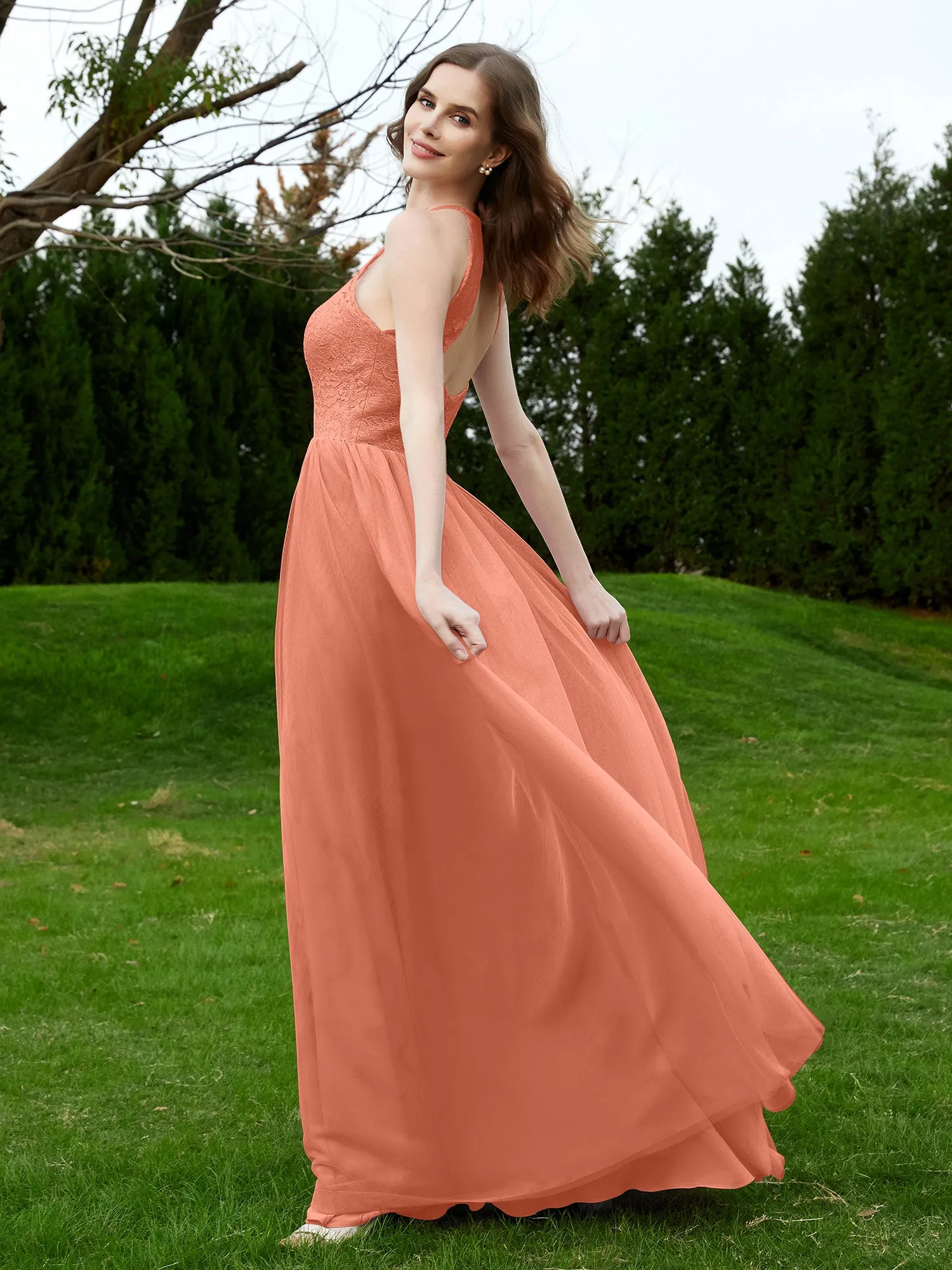 Lace Tulle Bridesmaid Gown Halter Neckline Papaya