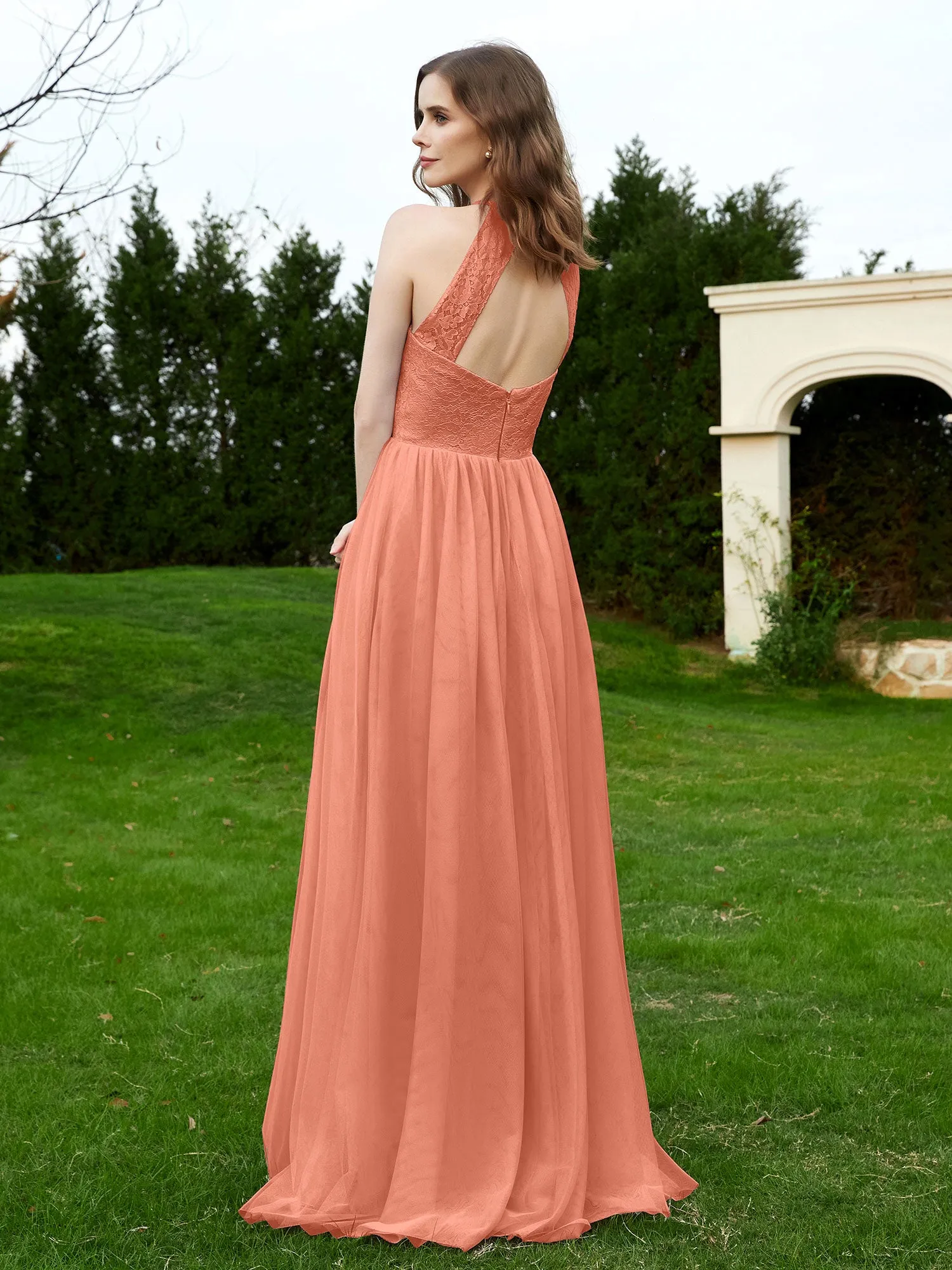 Lace Tulle Bridesmaid Gown Halter Neckline Papaya