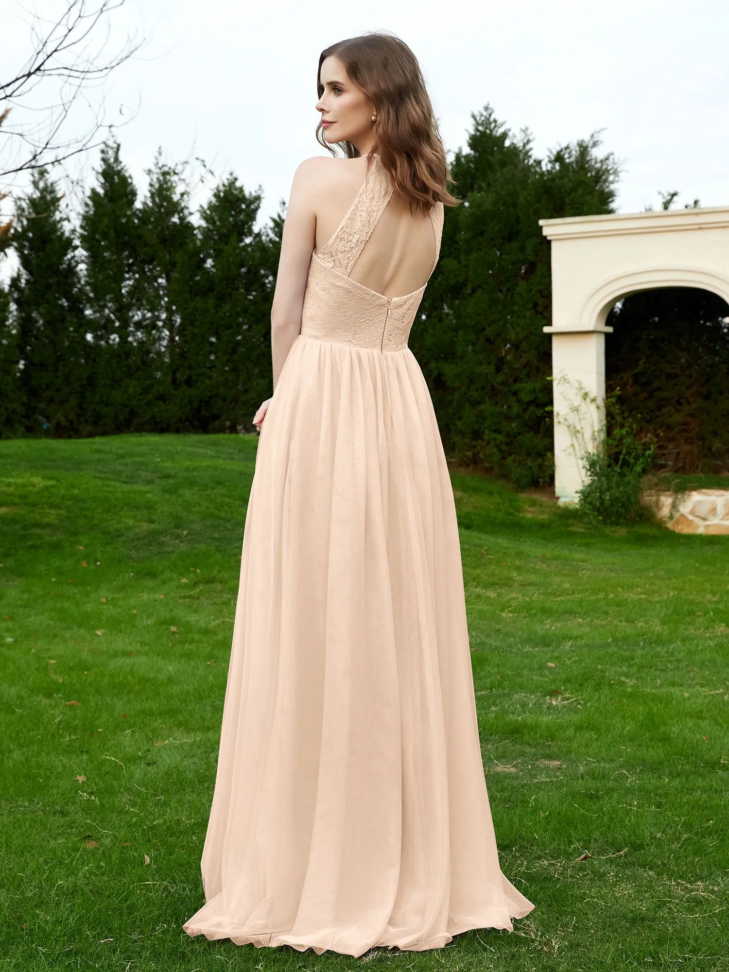 Lace Tulle Bridesmaid Gown Halter Neckline Peach Plus Size