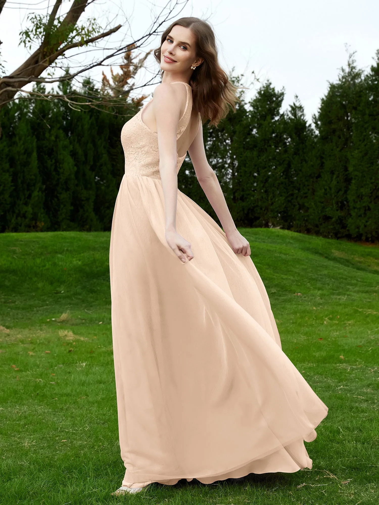 Lace Tulle Bridesmaid Gown Halter Neckline Peach Plus Size