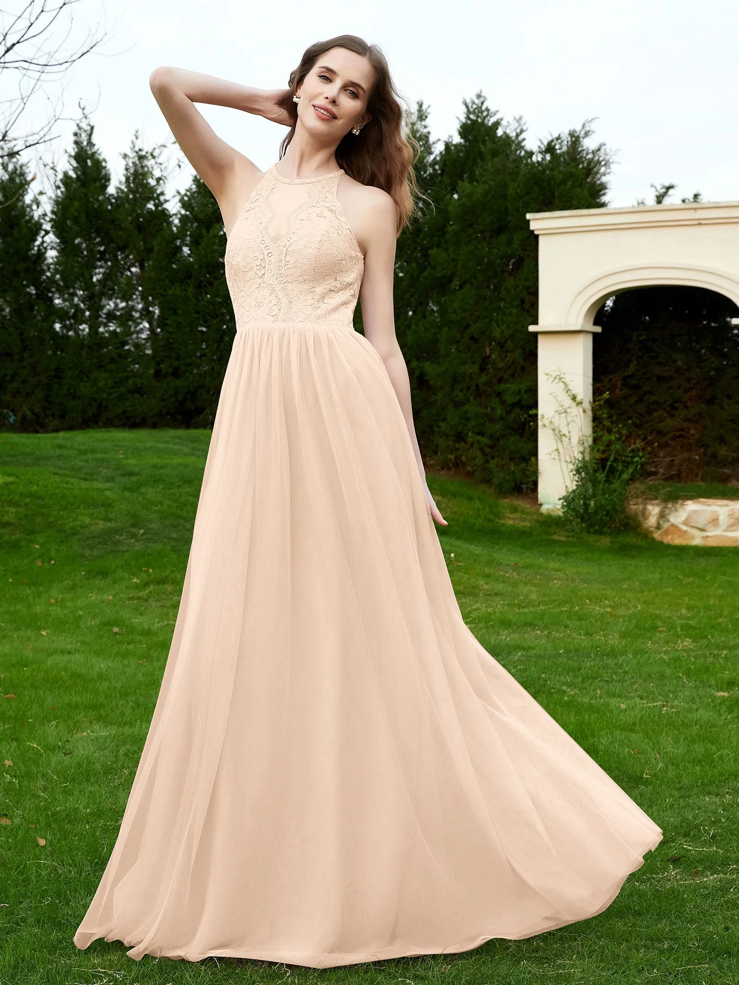 Lace Tulle Bridesmaid Gown Halter Neckline Peach Plus Size