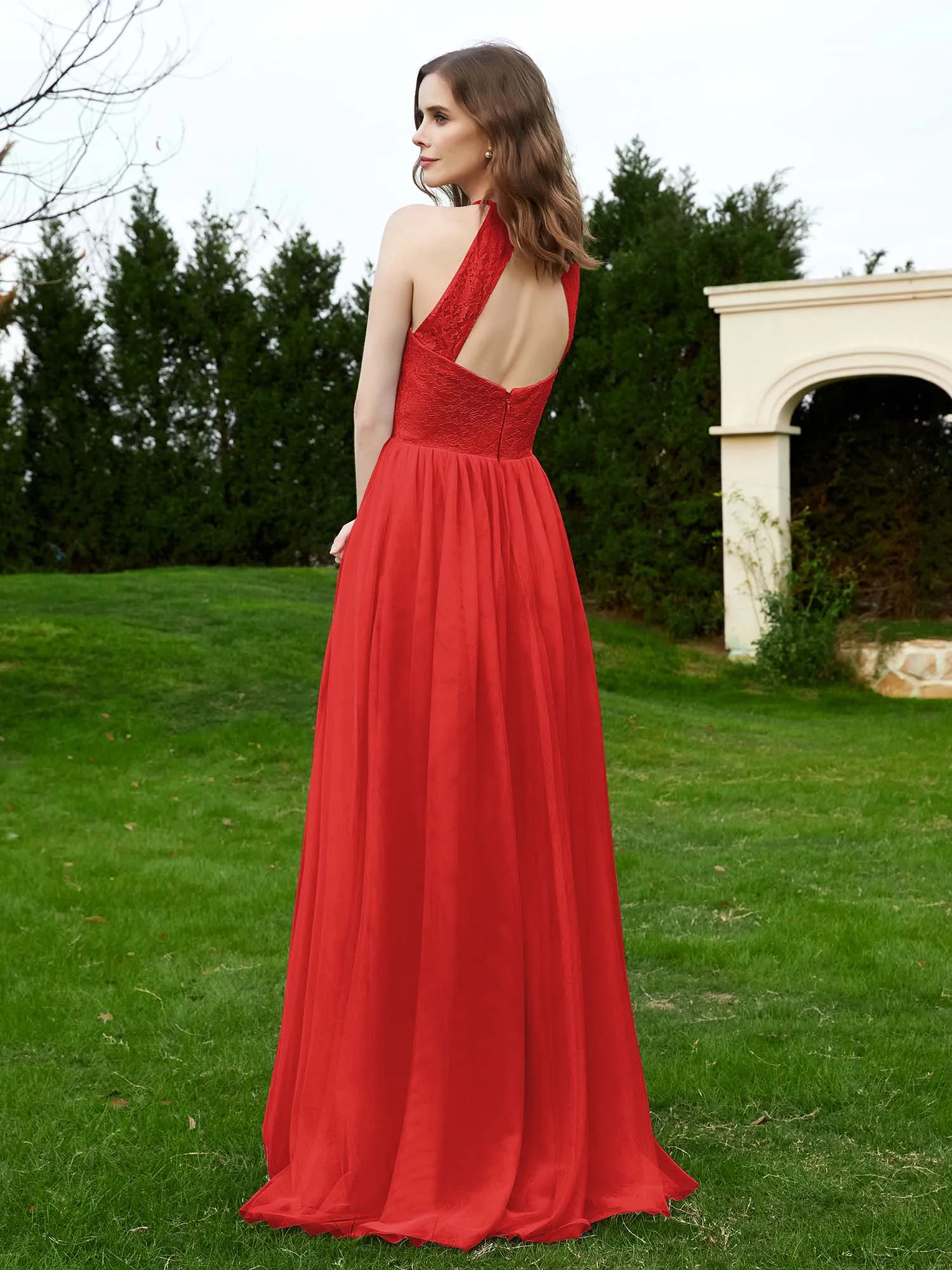 Lace Tulle Bridesmaid Gown Halter Neckline Red Plus Size