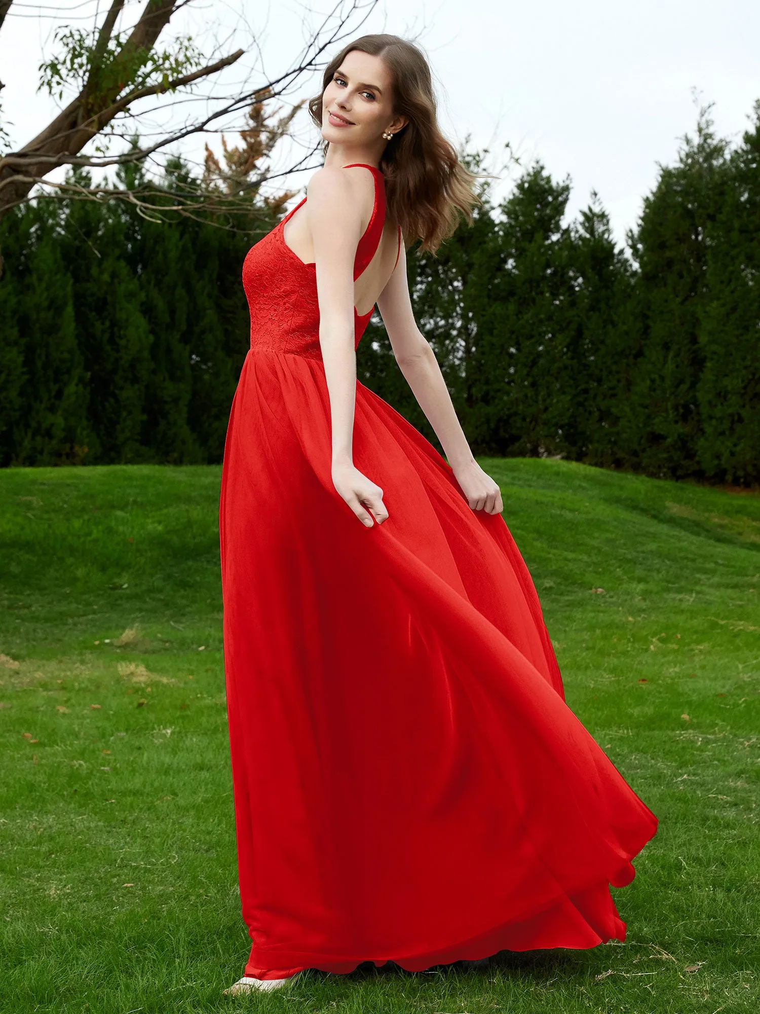 Lace Tulle Bridesmaid Gown Halter Neckline Red Plus Size