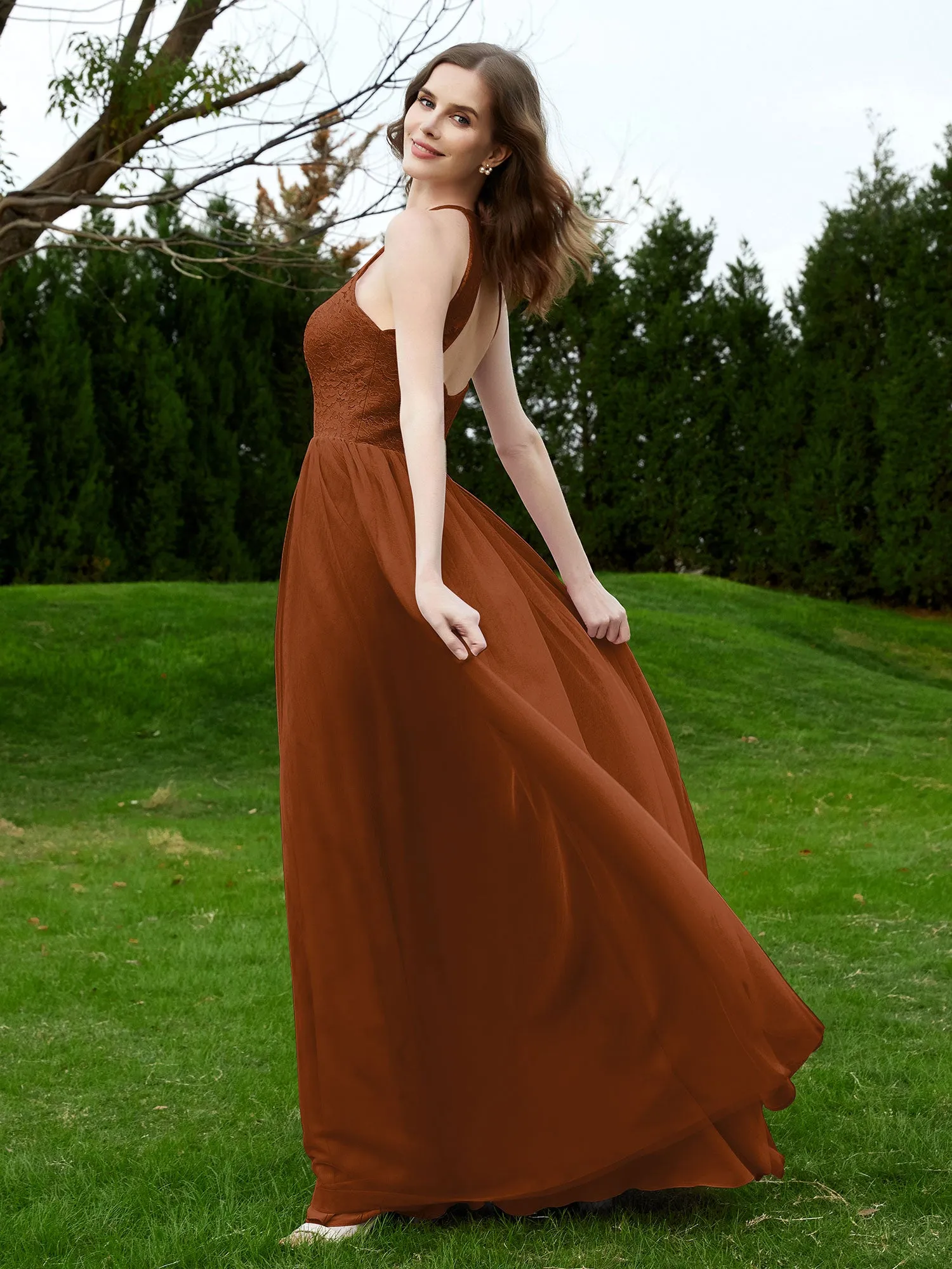 Lace Tulle Bridesmaid Gown Halter Neckline Terracotta Plus Size