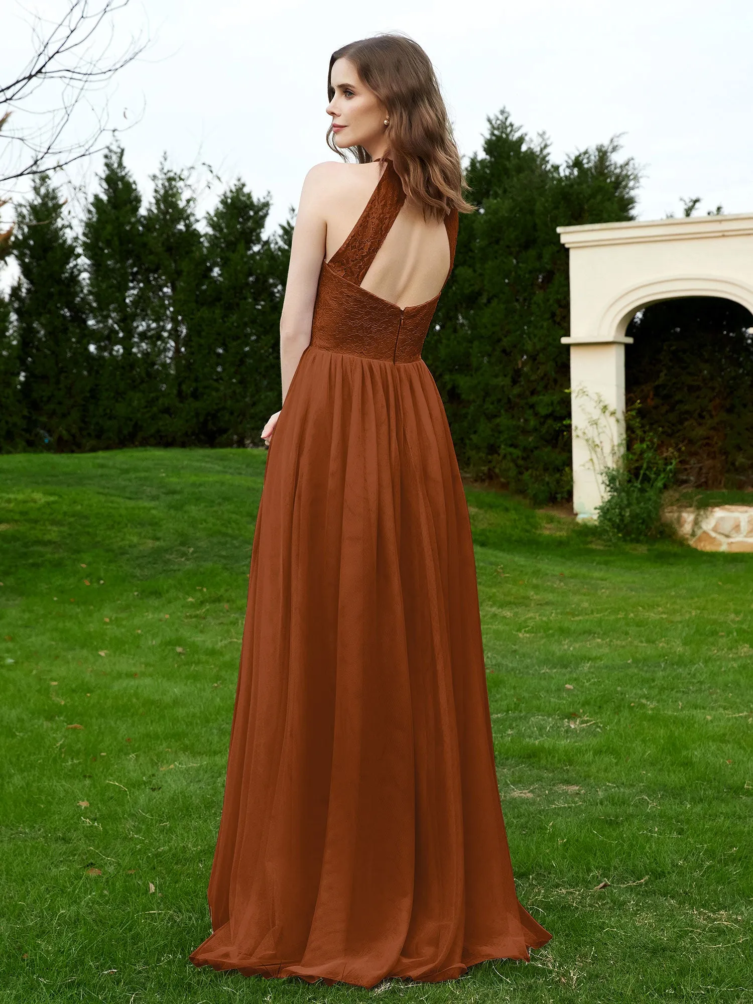 Lace Tulle Bridesmaid Gown Halter Neckline Terracotta Plus Size