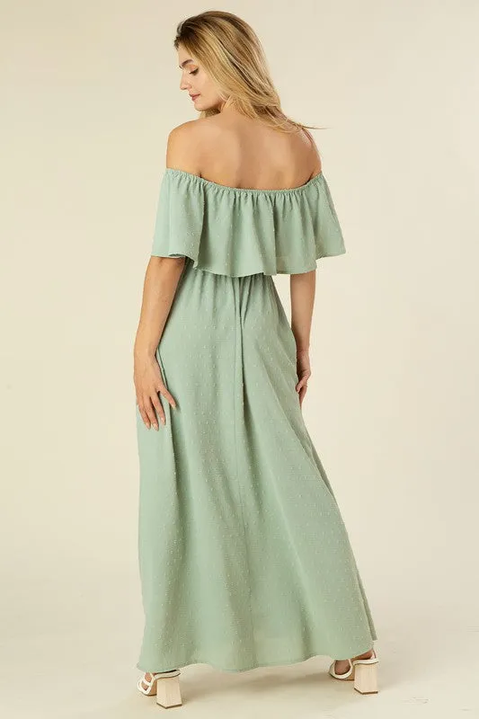 LILOU Sage Swiss dot Off-shoulder Dress