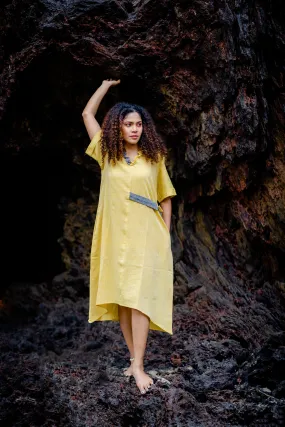 Lime Yellow V-Neck Cotton Midi Dress