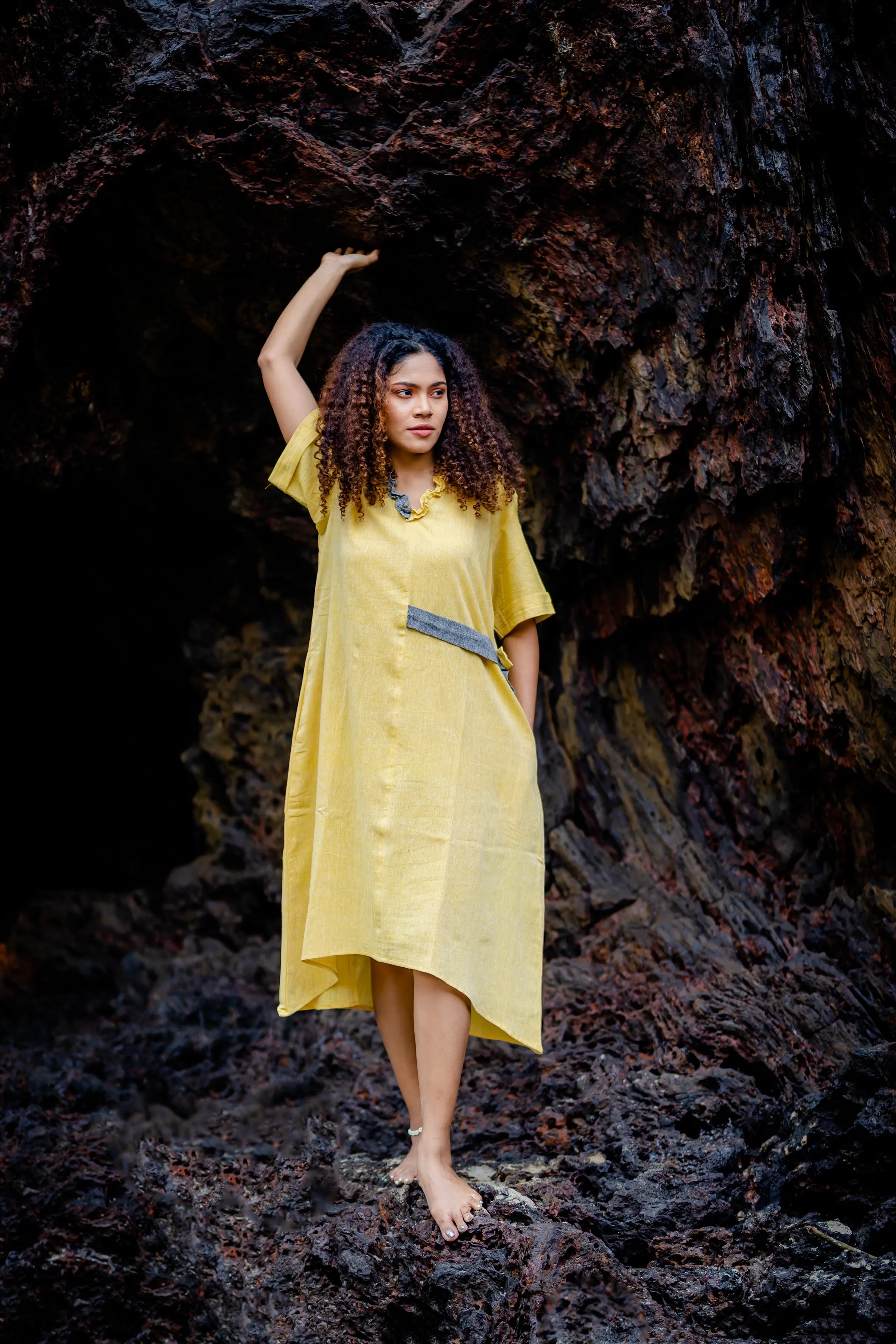 Lime Yellow V-Neck Cotton Midi Dress