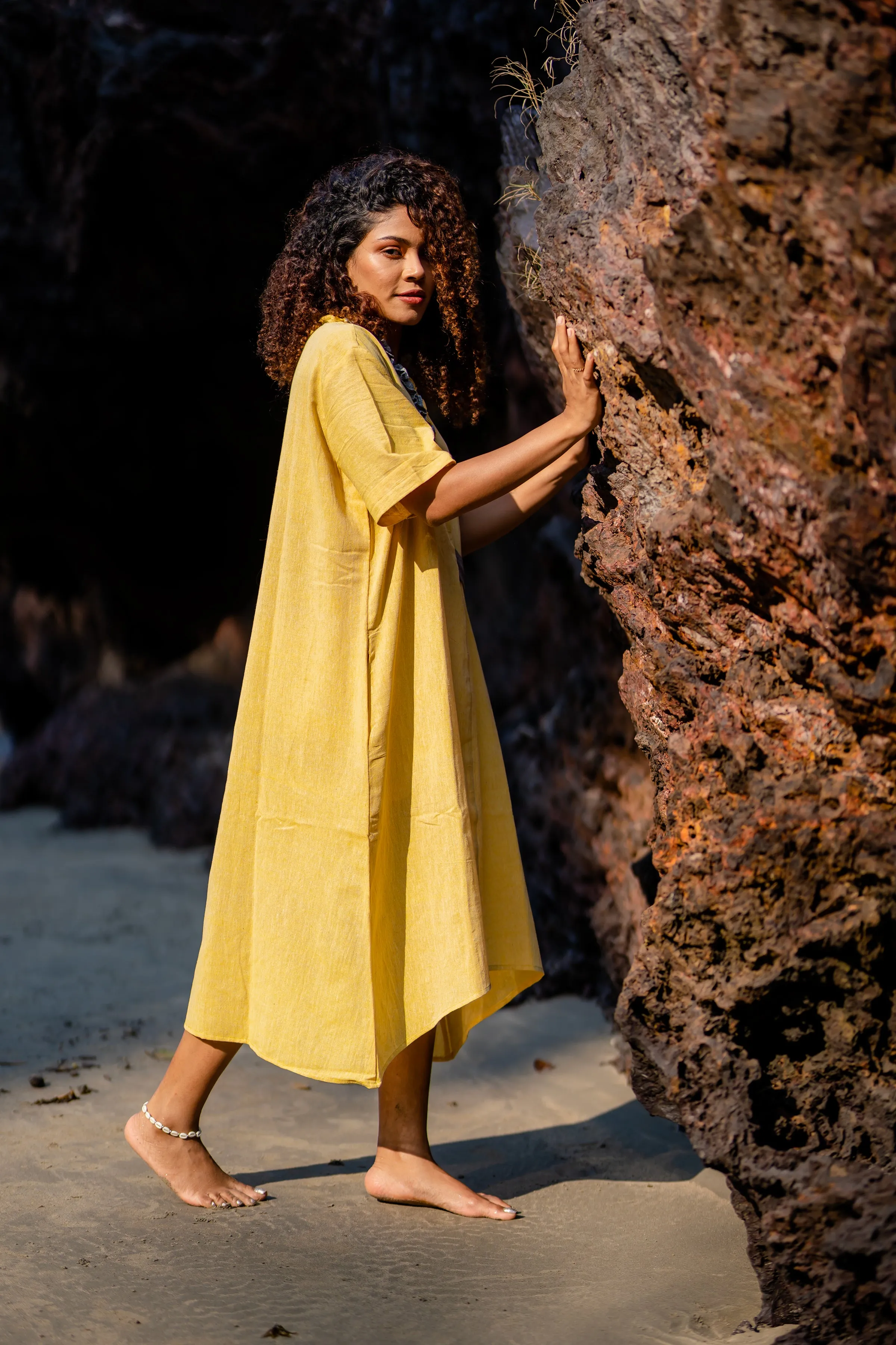 Lime Yellow V-Neck Cotton Midi Dress