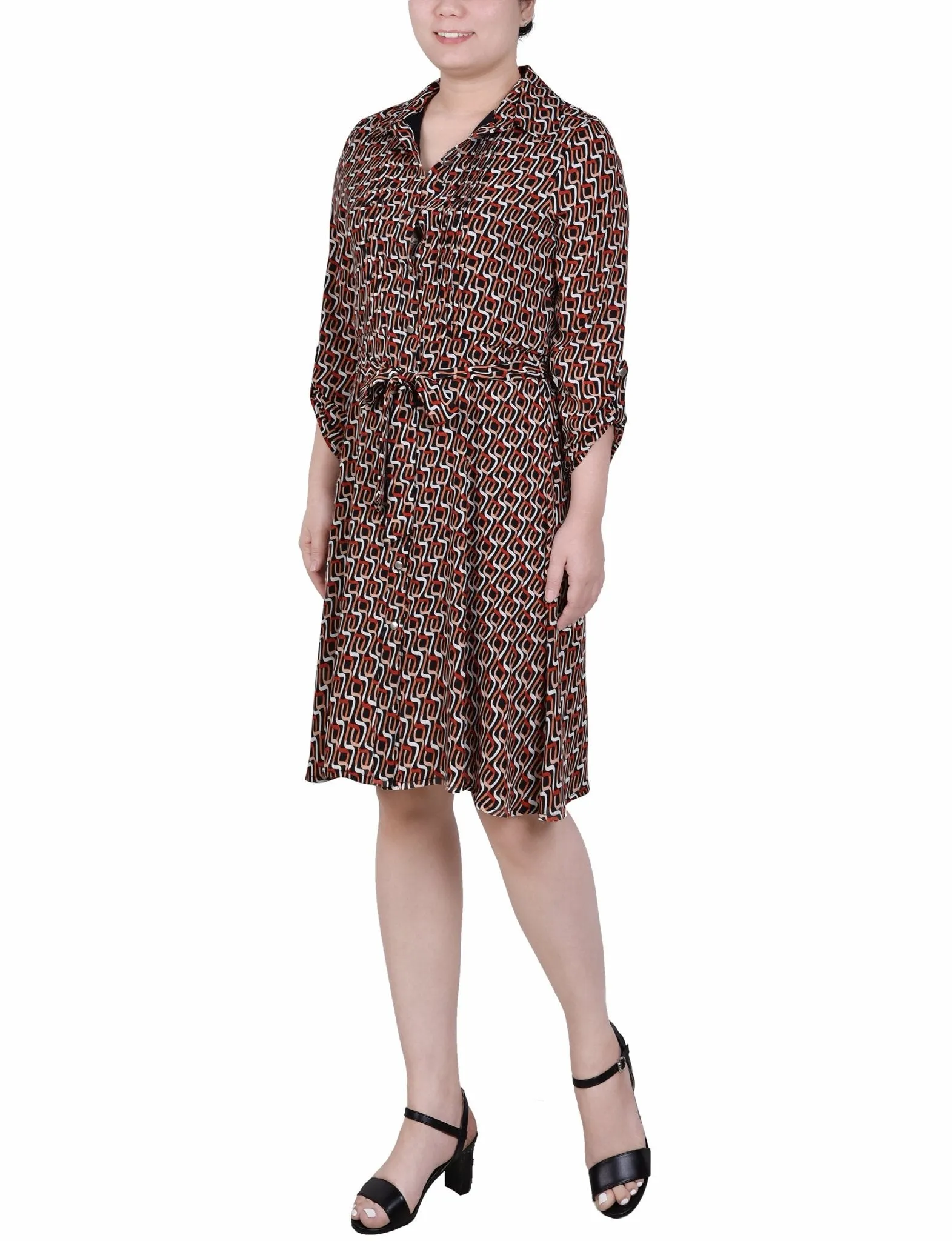 Long Roll Tab Sleeve Dobby Dress - Petite
