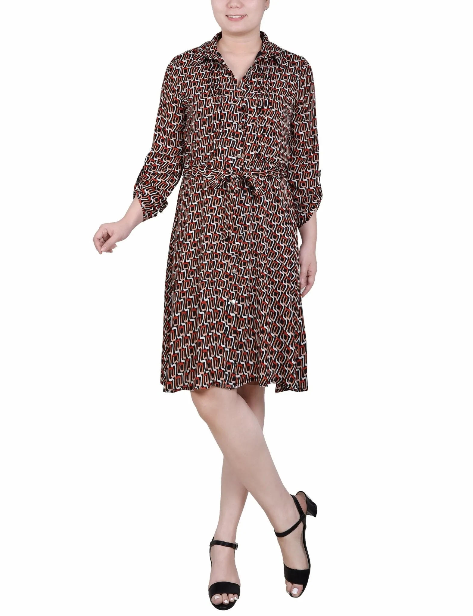 Long Roll Tab Sleeve Dobby Dress - Petite