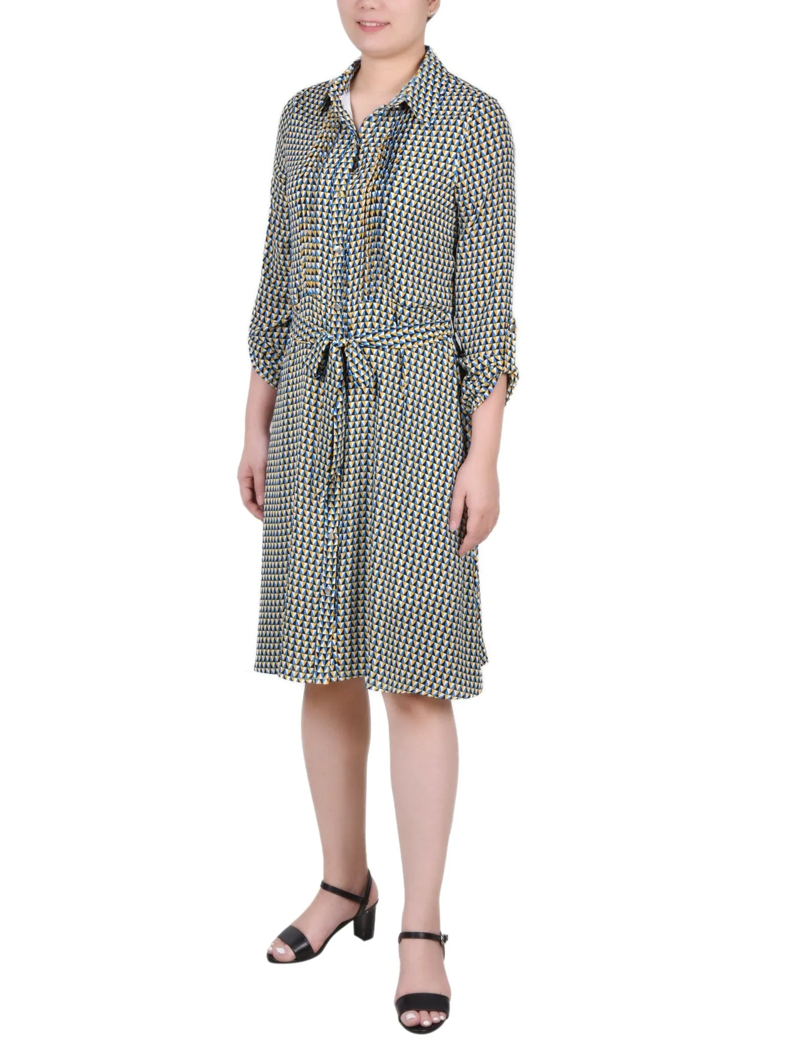 Long Roll Tab Sleeve Dobby Dress - Petite