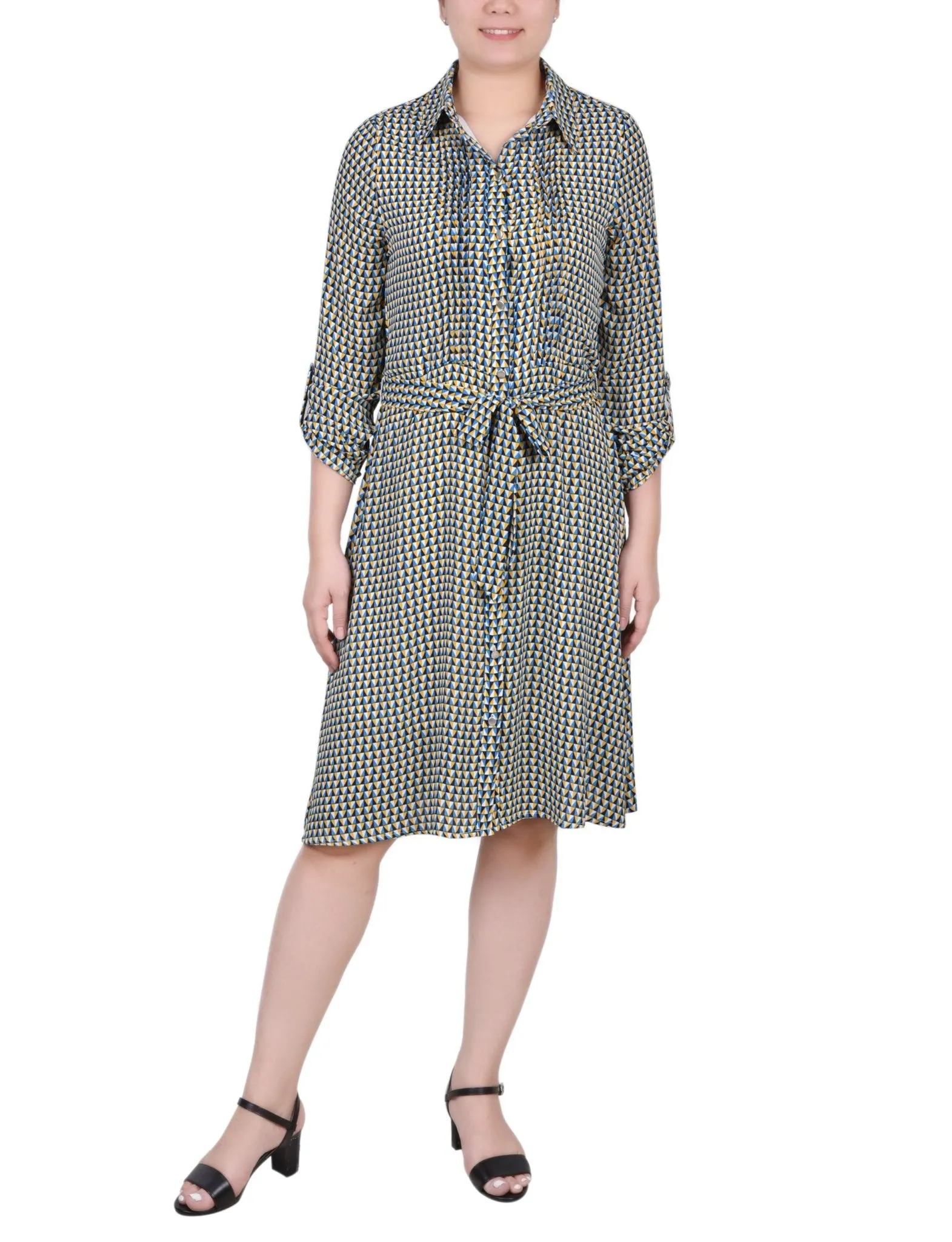 Long Roll Tab Sleeve Dobby Dress - Petite