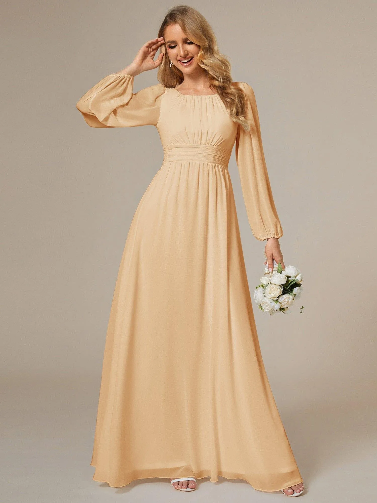 Long Sleeve Chiffon A-Line Empire Waist Formal Dress