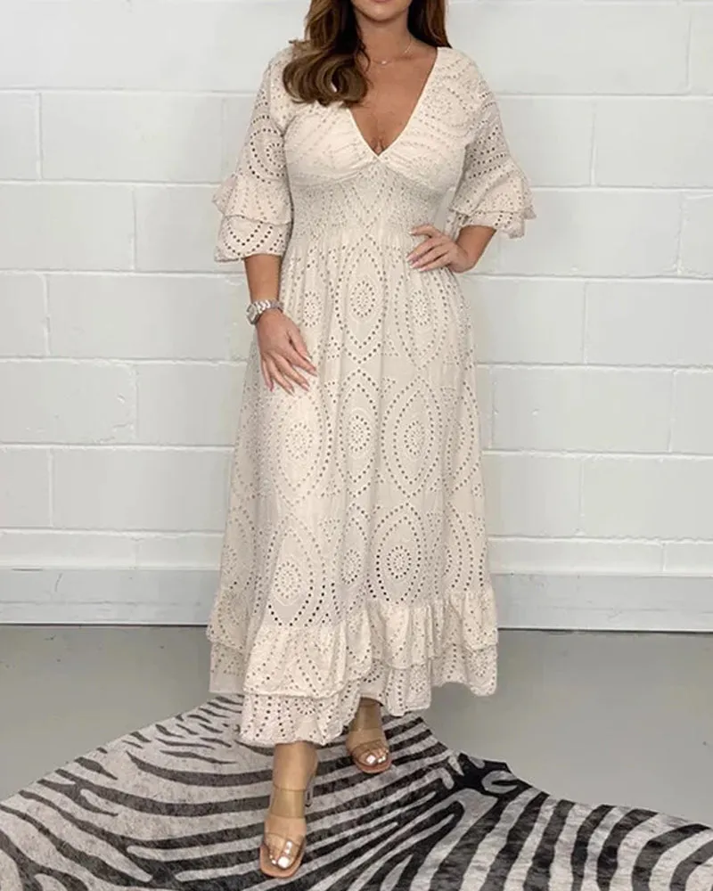 Loose solid color v neck high waist dress