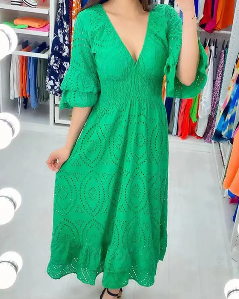 Loose solid color v neck high waist dress