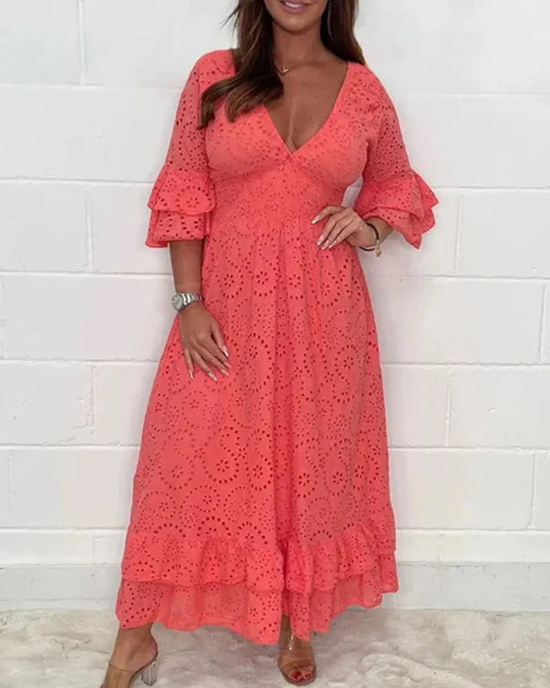 Loose solid color v neck high waist dress