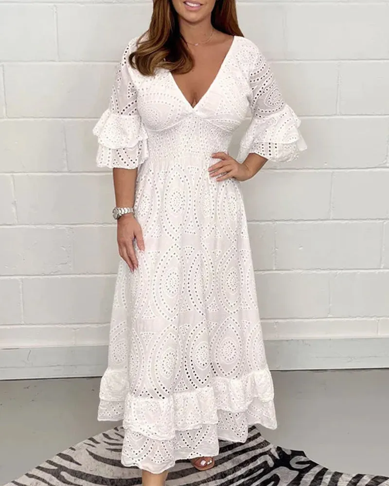 Loose solid color v neck high waist dress