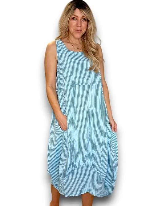MAXI TANK DRESS LINEN STRIPE LIGHT BLUE