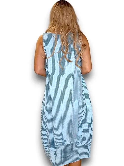 MAXI TANK DRESS LINEN STRIPE LIGHT BLUE