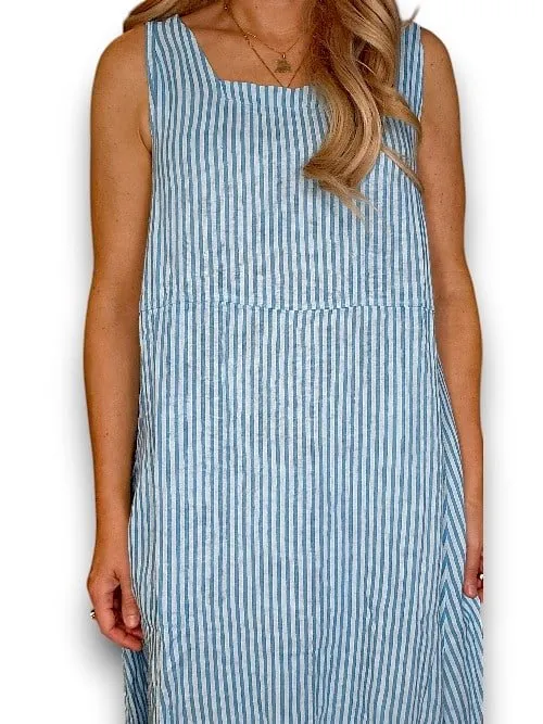 MAXI TANK DRESS LINEN STRIPE LIGHT BLUE