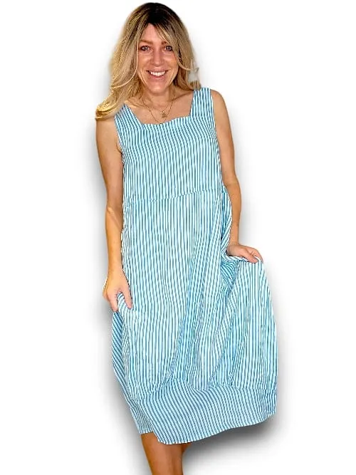 MAXI TANK DRESS LINEN STRIPE LIGHT BLUE