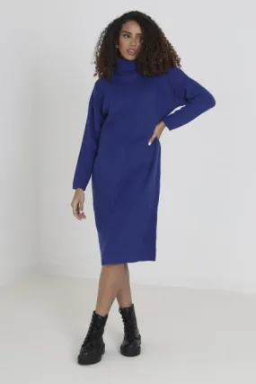 MID BLUE DROP SLEEVE ROLL NECK KNITTED MIDI DRESS