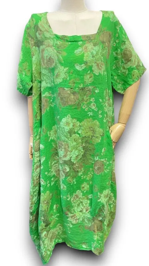 MID SLEEVE LINEN MAXI DRESS SCARLETT ROSE BRIGHT GREEN