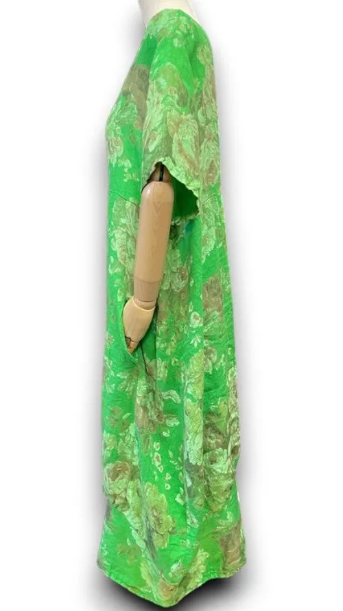 MID SLEEVE LINEN MAXI DRESS SCARLETT ROSE BRIGHT GREEN