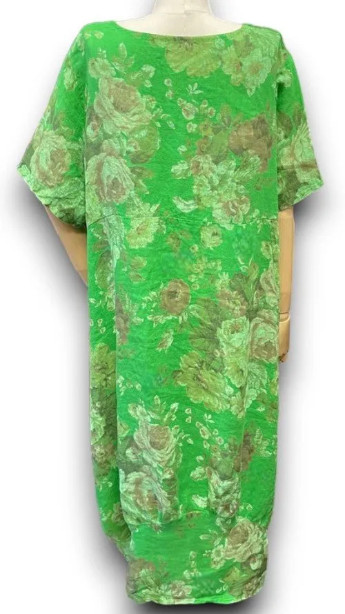 MID SLEEVE LINEN MAXI DRESS SCARLETT ROSE BRIGHT GREEN
