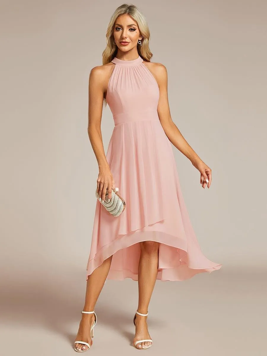 Midi Halter Neck Chiffon Wedding Guest Dress with Sleeveless and A-Line