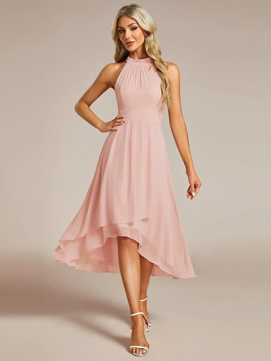 Midi Halter Neck Chiffon Wedding Guest Dress with Sleeveless and A-Line