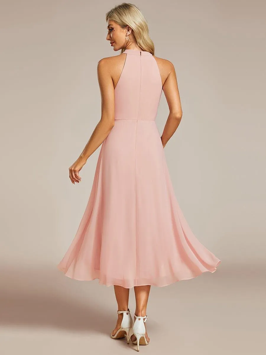 Midi Halter Neck Chiffon Wedding Guest Dress with Sleeveless and A-Line
