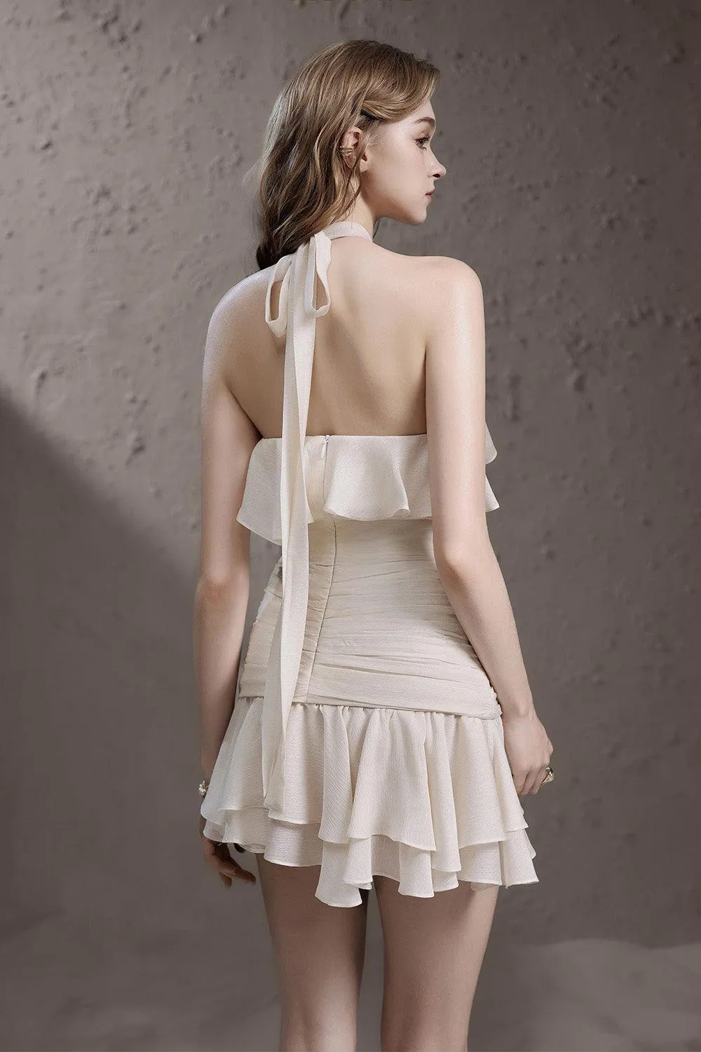 Minnie Drop Waist Halter Neck Wrinkled Silk Mini Dress