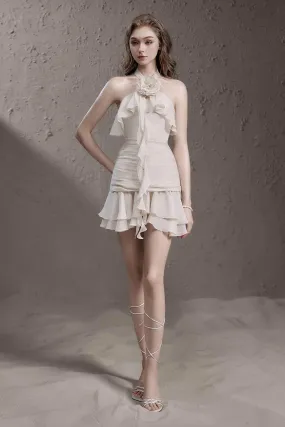 Minnie Drop Waist Halter Neck Wrinkled Silk Mini Dress