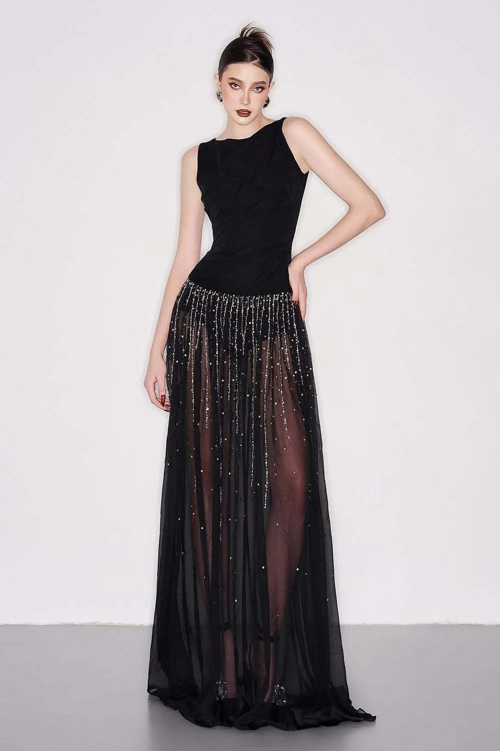 Nataly A-line Boat Neck Organza Crepe Floor Length Dress