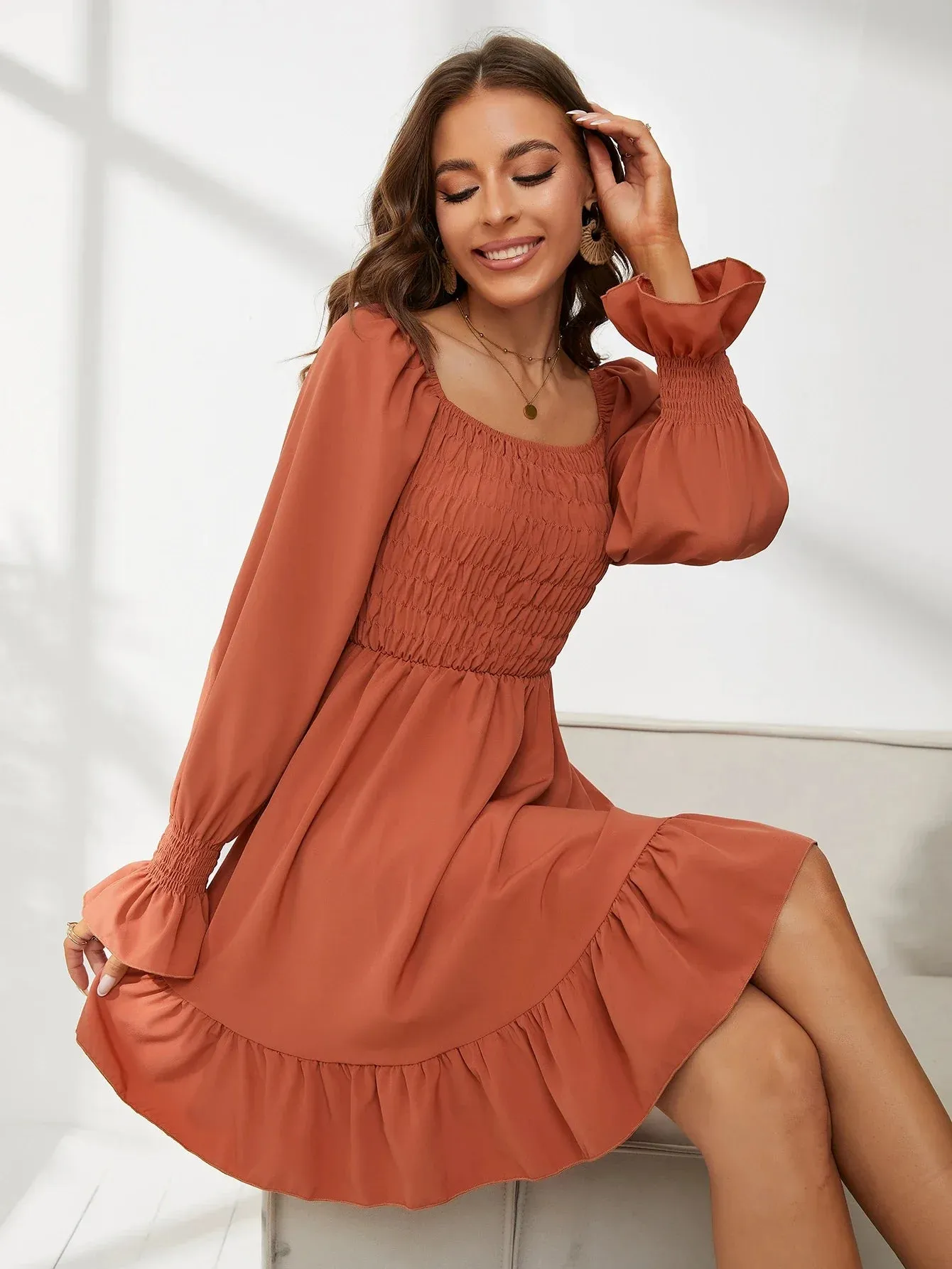 New Knee Chiffon Length Square Pleated Flare Collar Ruffles Sleeve High Waist Dress