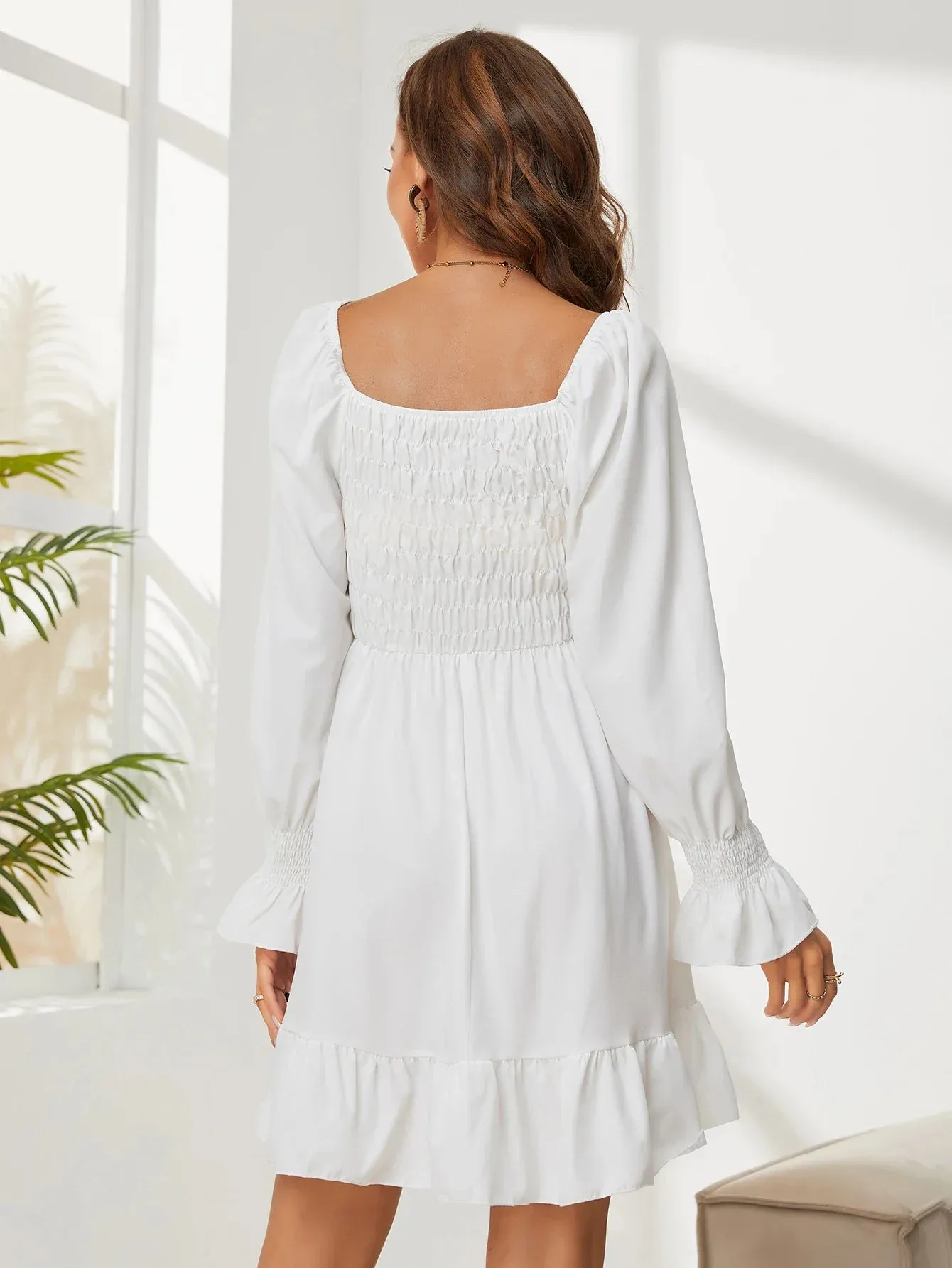 New Knee Chiffon Length Square Pleated Flare Collar Ruffles Sleeve High Waist Dress