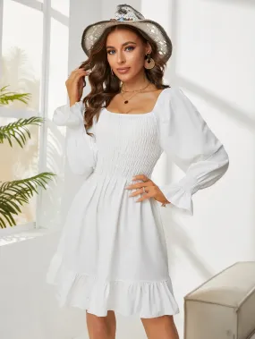 New Knee Chiffon Length Square Pleated Flare Collar Ruffles Sleeve High Waist Dress