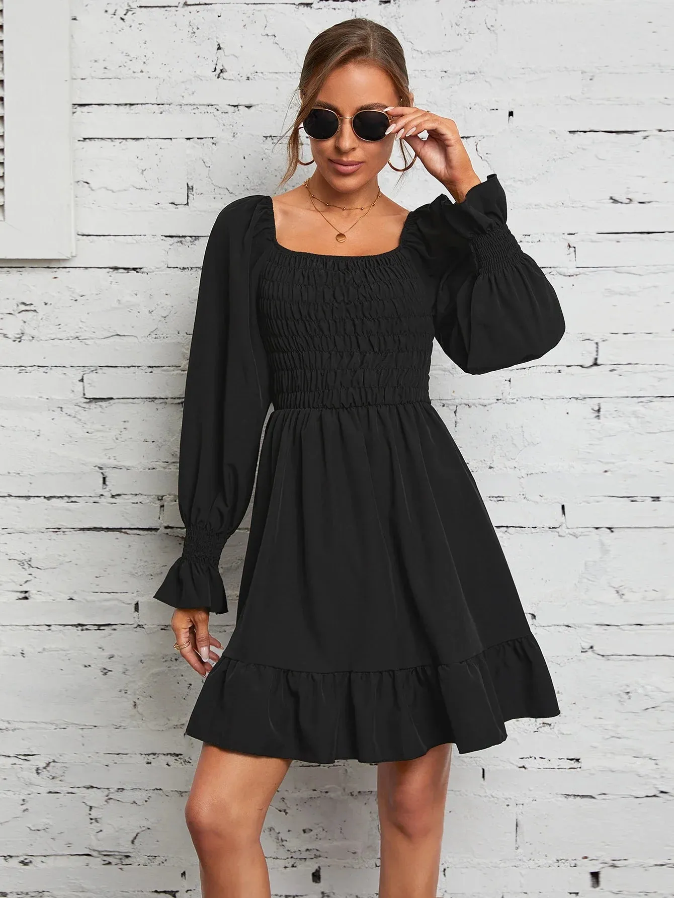 New Knee Chiffon Length Square Pleated Flare Collar Ruffles Sleeve High Waist Dress
