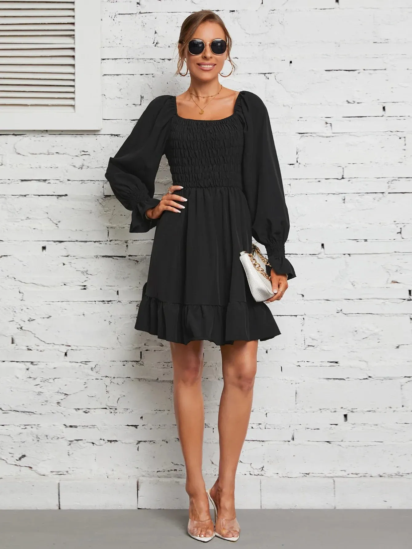 New Knee Chiffon Length Square Pleated Flare Collar Ruffles Sleeve High Waist Dress