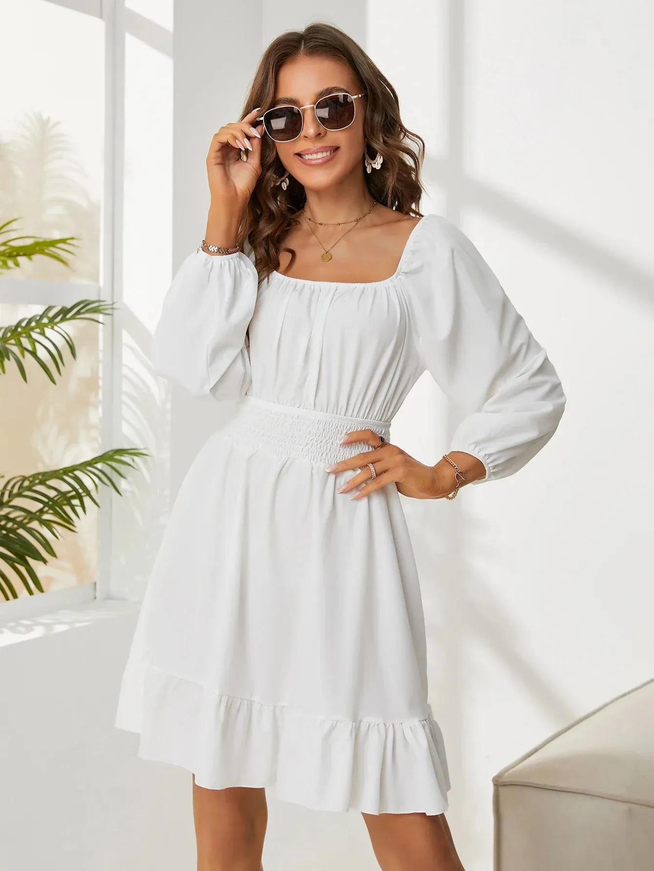New Knee Chiffon Length Square Pleated Flare Collar Ruffles Sleeve High Waist Dress