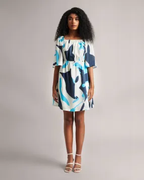 Off-White Satin Abstract Print Mini Dress with Elastic Waist