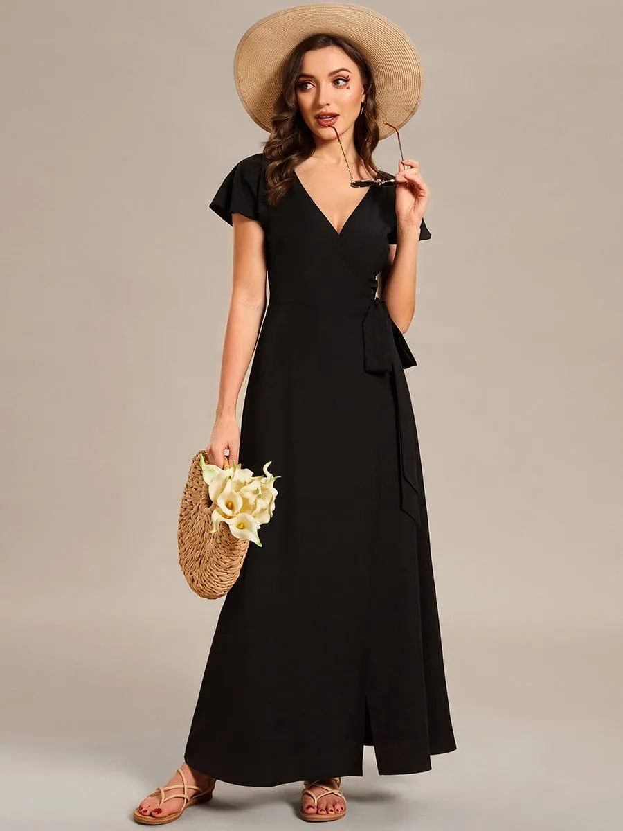 One-Piece Printed Short Sleeve Tie-Waist Wedding Guest Dress(Final Sale)